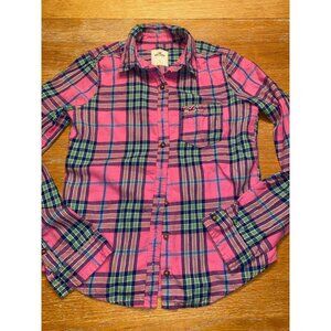 Womens Pink & Green Plaid Flannel Shirt Hollister Size S